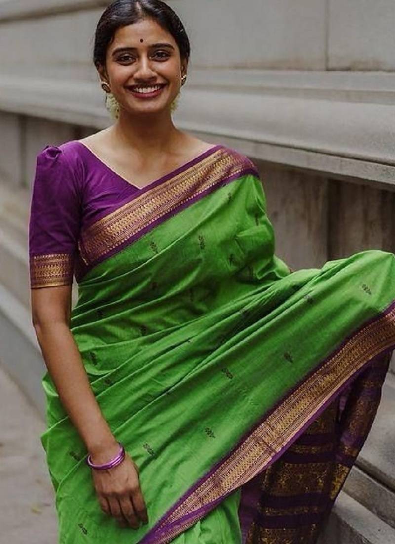 Green purple soft silk blend banarasi jacuard work designer party wear saree with unstitched blouse piece