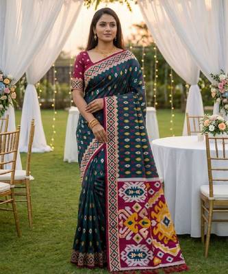Teal soft saree with zari weawing meenakari rich pallu and unique ikkat border 1