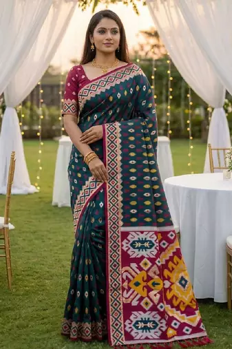Teal soft  saree with zari weawing meenakari rich pallu and unique ikkat border