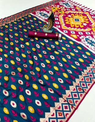 Teal soft saree with zari weawing meenakari rich pallu and unique ikkat border 2