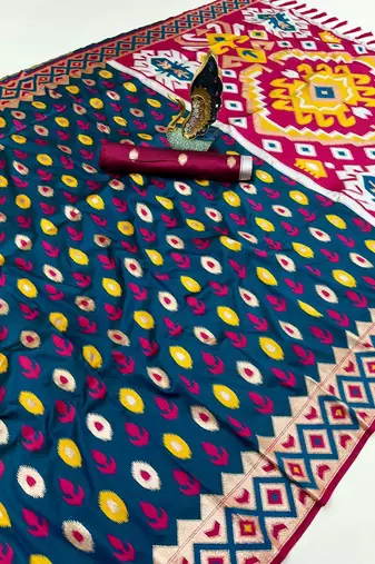 Teal soft saree with zari weawing meenakari rich pallu and unique ikkat border
