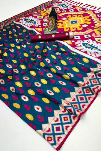 Teal soft saree with zari weawing meenakari rich pallu and unique ikkat border