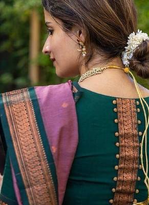 Onion green silk blend banarasi saree with unstitched blouse piece 4