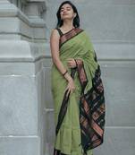 Parrot green silk blend banarasi saree with unstitched blouse piece