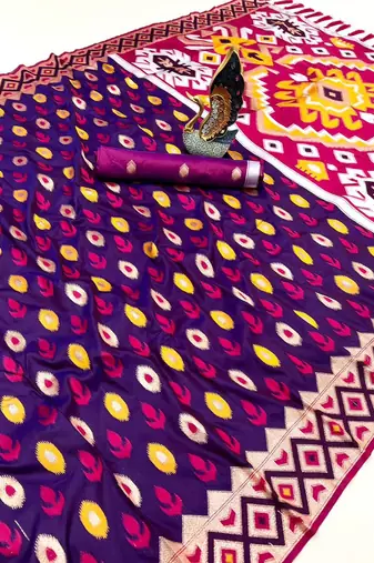 Purple soft saree with zari weawing meenakari rich pallu and unique ikkat border