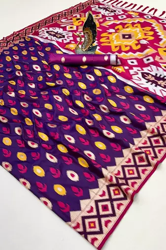 Purple soft saree with zari weawing meenakari rich pallu and unique ikkat border