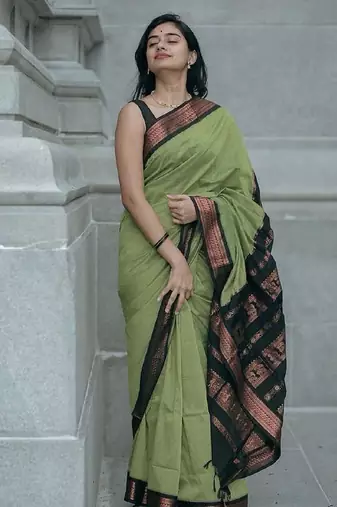 Parrot green silk blend banarasi saree with unstitched blouse piece