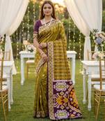 Musterd soft  saree with zari weawing meenakari rich pallu and unique ikkat border
