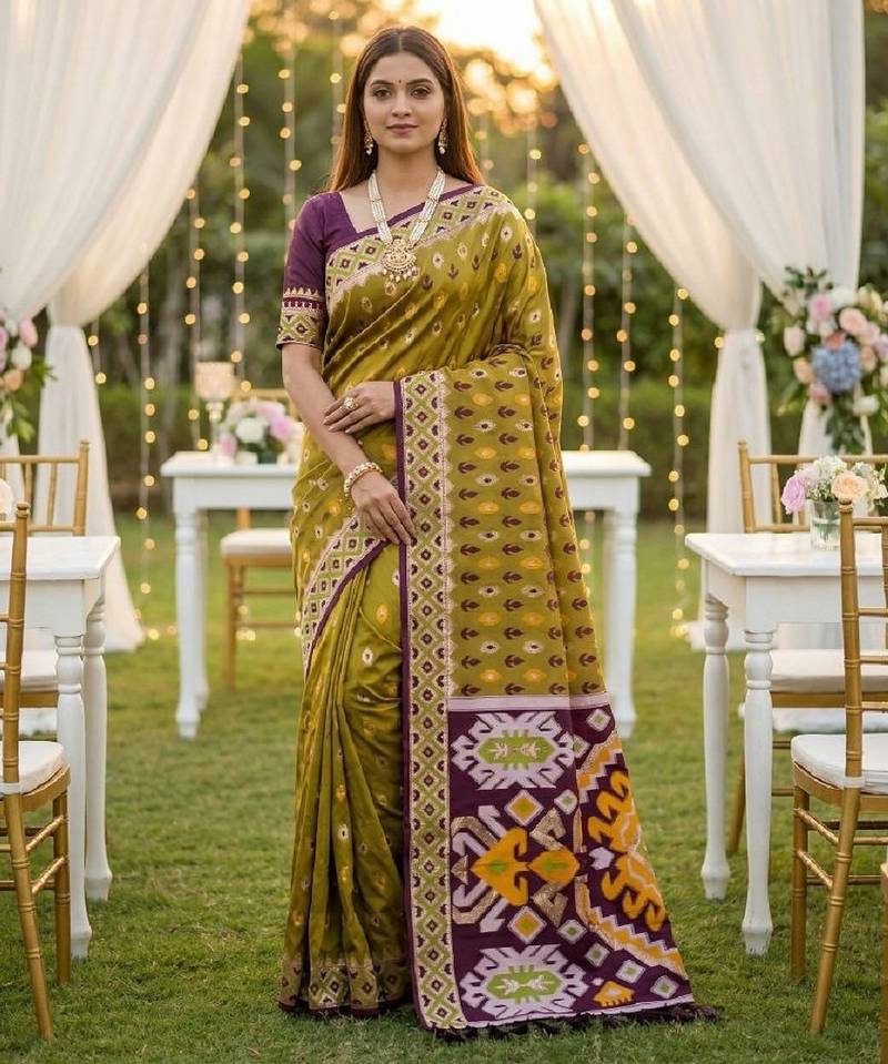 Musterd soft  saree with zari weawing meenakari rich pallu and unique ikkat border