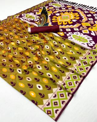 Musterd soft saree with zari weawing meenakari rich pallu and unique ikkat border 2