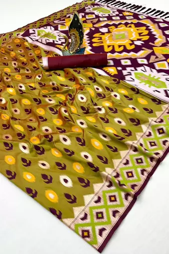 Musterd soft saree with zari weawing meenakari rich pallu and unique ikkat border