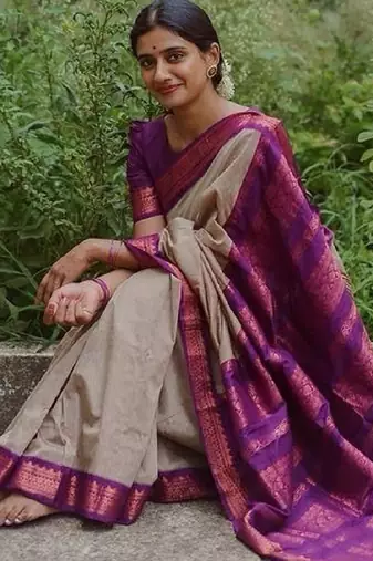 Cream purple soft silk blend banarasi jacuard work designer party wear saree with unstitched blouse piece