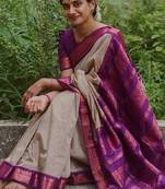 Cream purple silk blend banarasi saree with unstitched blouse piece