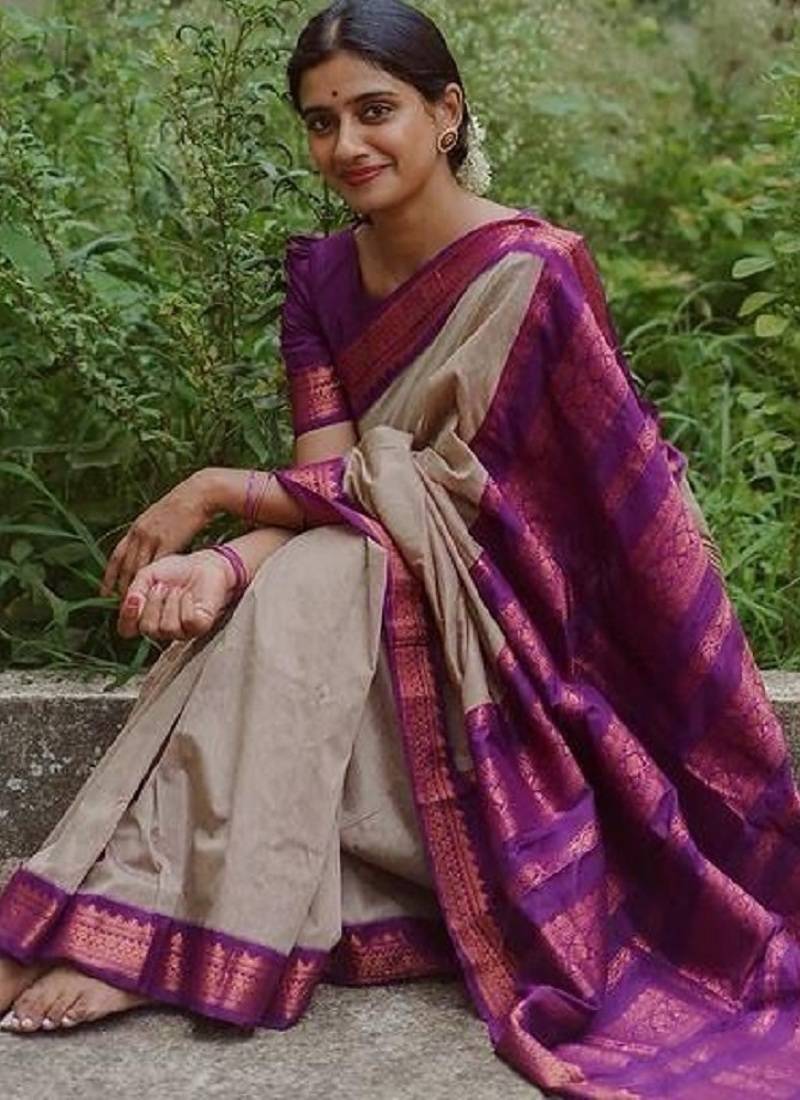 Cream purple soft silk blend banarasi jacuard work designer party wear saree with unstitched blouse piece