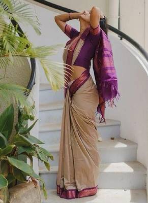 Cream purple silk blend banarasi saree with unstitched blouse piece 3