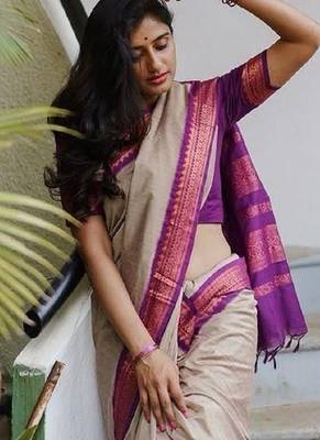 Cream purple silk blend banarasi saree with unstitched blouse piece 4