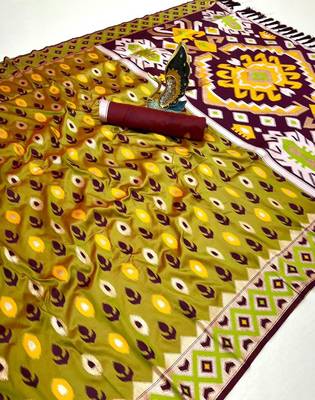Musterd soft saree with zari weawing meenakari rich pallu and unique ikkat border 3