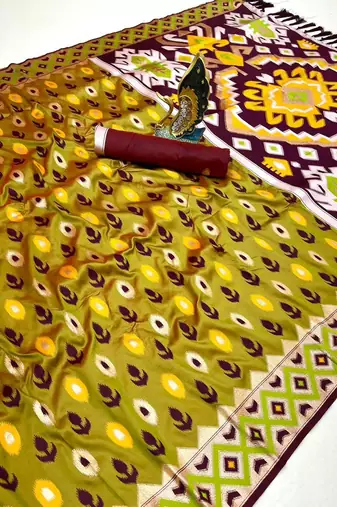 Musterd soft saree with zari weawing meenakari rich pallu and unique ikkat border