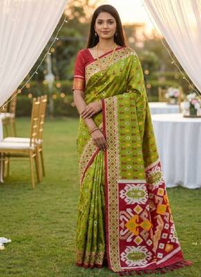 Green soft saree with zari weawing meenakari rich pallu and unique ikkat border 1