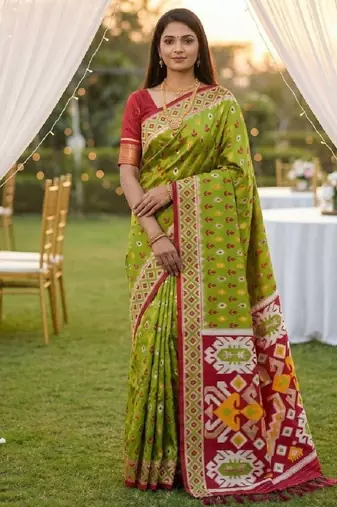 Green soft  saree with zari weawing meenakari rich pallu and unique ikkat border