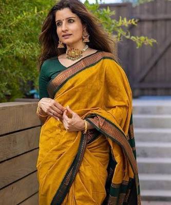 Yellow green silk blend banarasi saree with unstitched blouse piece 1
