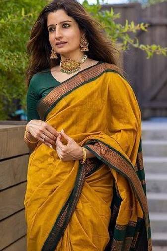 Yellow green soft silk blend banarasi jacuard work designer party wear saree with unstitched blouse piece