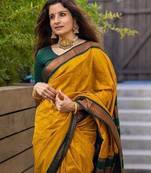 Yellow green silk blend banarasi saree with unstitched blouse piece