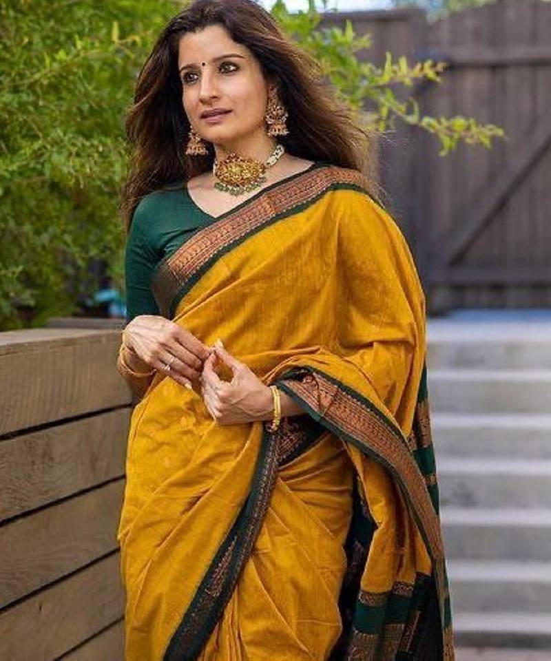 Yellow green soft silk blend banarasi jacuard work designer party wear saree with unstitched blouse piece