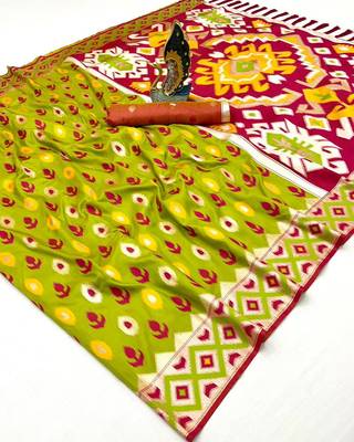 Green soft saree with zari weawing meenakari rich pallu and unique ikkat border 2