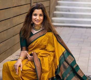 Yellow green silk blend banarasi saree with unstitched blouse piece 2