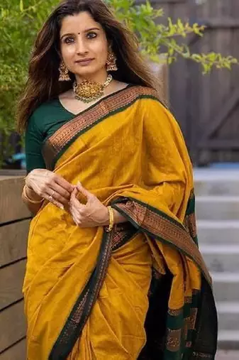 Yellow green silk blend banarasi saree with unstitched blouse piece