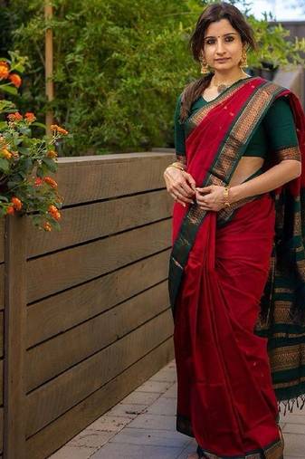 Red green soft silk blend banarasi jacuard work designer party wear saree with unstitched blouse piece