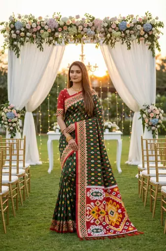 Green soft  saree with zari weawing meenakari rich pallu and unique ikkat border