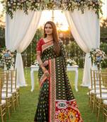 Green soft  saree with zari weawing meenakari rich pallu and unique ikkat border