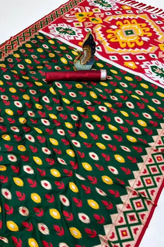 Green soft saree with zari weawing meenakari rich pallu and unique ikkat border