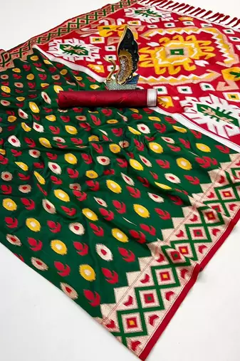 Green soft saree with zari weawing meenakari rich pallu and unique ikkat border