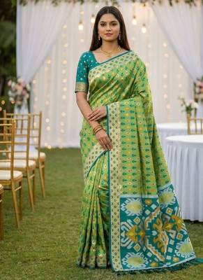 Rama soft saree with zari weawing meenakari rich pallu and unique ikkat border 1