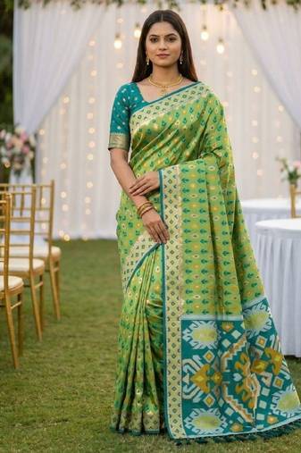 Rama soft  saree with zari weawing meenakari rich pallu and unique ikkat border