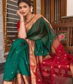 Green red silk blend banarasi saree with unstitched blouse piece