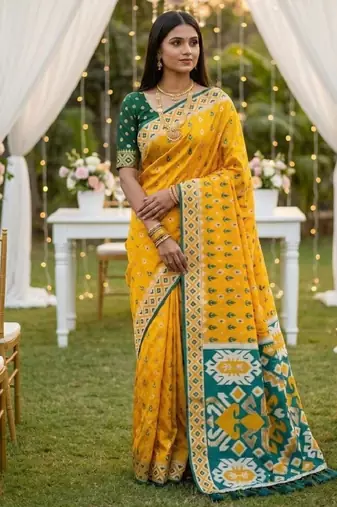 Yellow soft  saree with zari weawing meenakari rich pallu and unique ikkat border