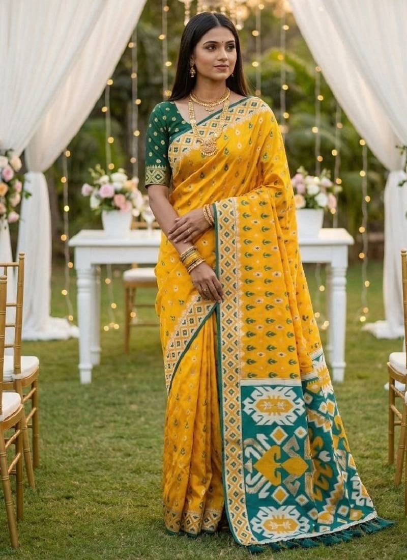 Yellow soft  saree with zari weawing meenakari rich pallu and unique ikkat border