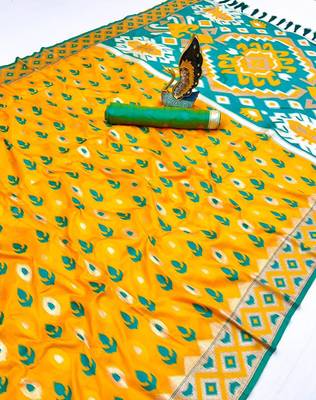 Yellow soft saree with zari weawing meenakari rich pallu and unique ikkat border 2