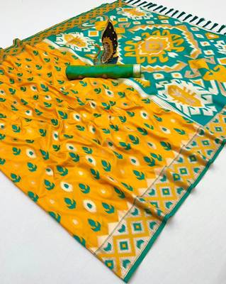 Yellow soft saree with zari weawing meenakari rich pallu and unique ikkat border 3
