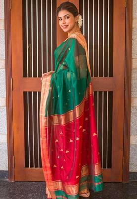 Green red silk blend banarasi saree with unstitched blouse piece 3