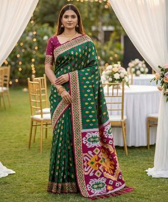 Green soft saree with zari weawing meenakari rich pallu and unique ikkat border 1