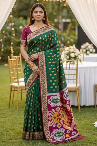 Green soft  saree with zari weawing meenakari rich pallu and unique ikkat border