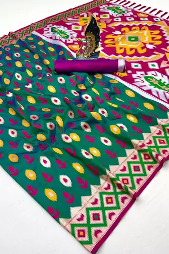 Green soft saree with zari weawing meenakari rich pallu and unique ikkat border