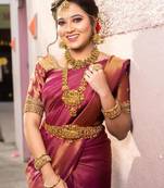 Pink silk blend banarasi saree with unstitched blouse piece