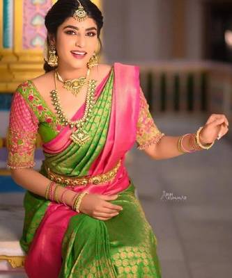 Parrot pink silk blend banarasi saree with unstitched blouse piece 2