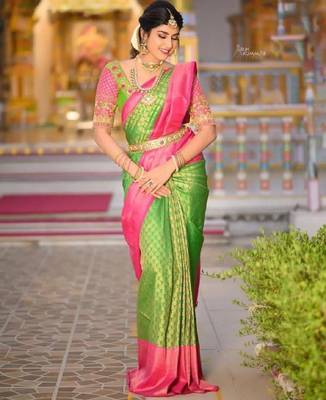 Parrot pink silk blend banarasi saree with unstitched blouse piece 1